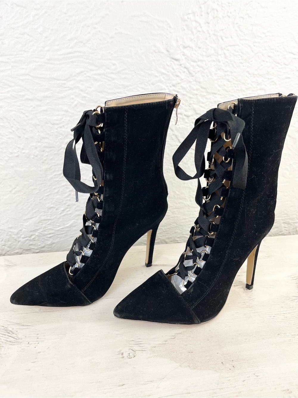 Black Velvet Faux Suede Lace Up Boots Witchy Gothic Heeled Victorian 40 9 - Picture 6 of 14